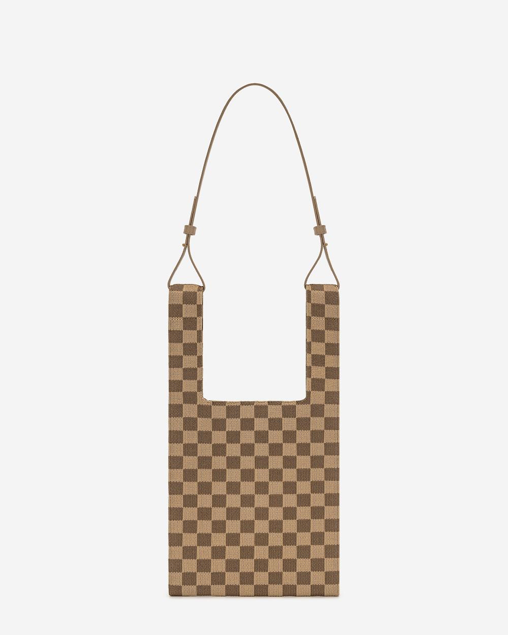 JW PEI Shea Checkerboard Knitted Women Tote Bags Brown | SG1172TV